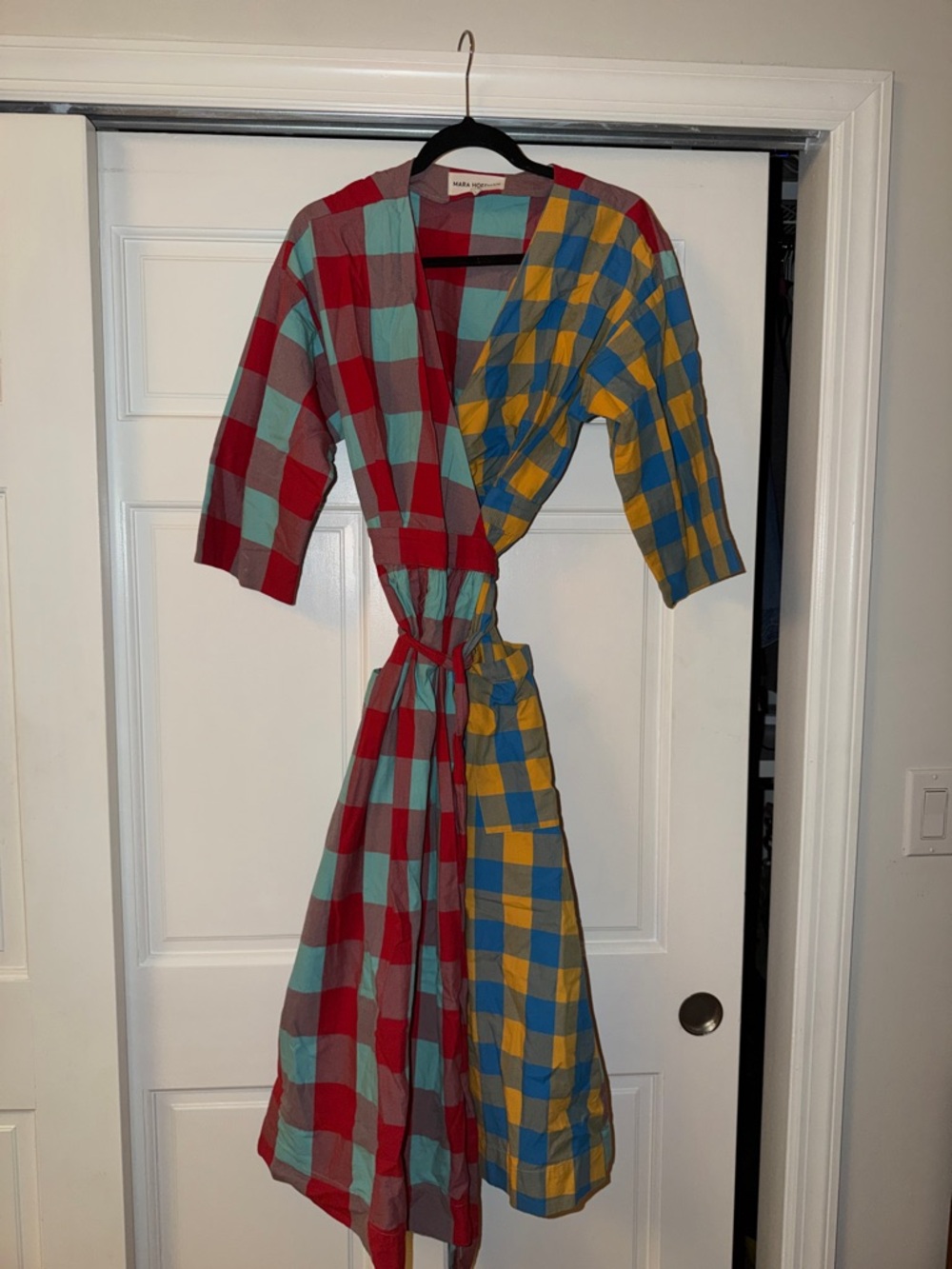 Mara Hoffman Plaid Wrap Midi Dress - Red, Teal & Yellow